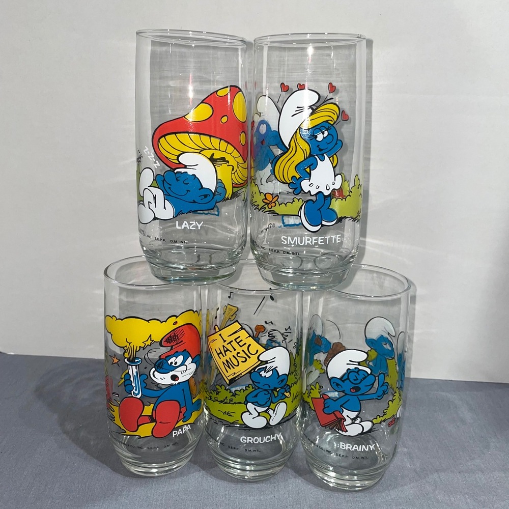 Vintage 1982 Smurfs Collector Glasses Set of 5 Papa Smurfette Brainy Peyo 80s